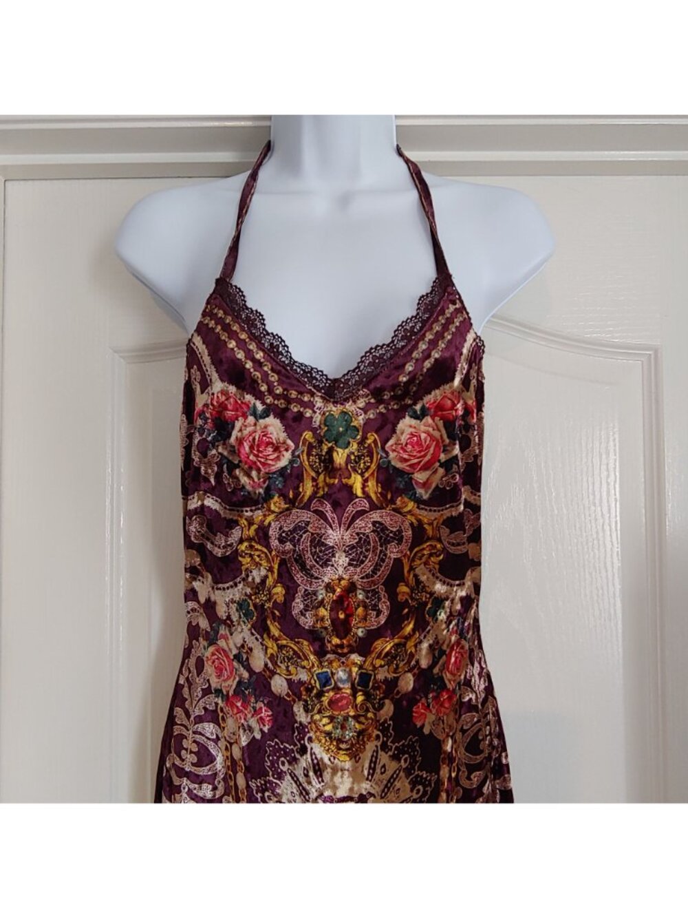 Womens Baroque Velvet Slip Dress Grunge Y2K Sleeze Floral Lace Trim Midi Boho - Picture 3 of 10